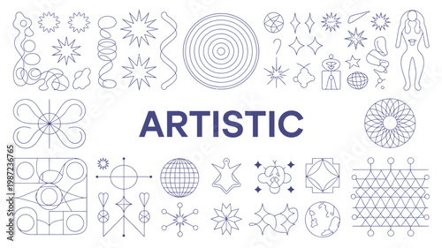 A collection of abstract line drawings and geometric shapes in pale blue tones are scattered around the word artistic high quality professional detailed modern elegant stylish