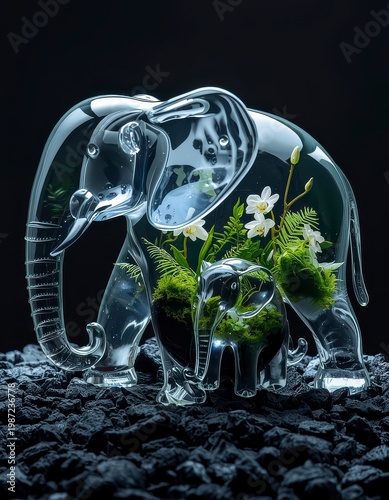 Artistic Glass Elephant Sculpture Terrarium with Baby Elephant and White Flowers on Dark Volcanic Stones