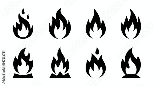 A collection of eight stylized black flame icons are arranged on a stark white background showcasing various shapes and intensities high quality professional detailed modern elegant