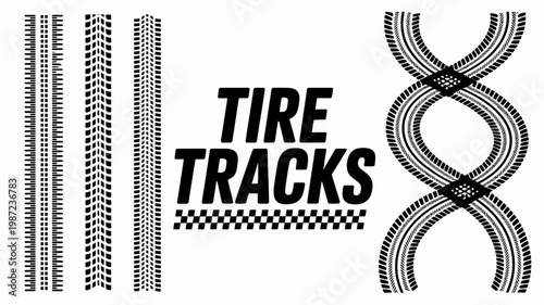 This graphic displays various tire track patterns alongside the words tire tracks in bold black lettering high quality professional detailed modern elegant stylish clean crisp vibrant