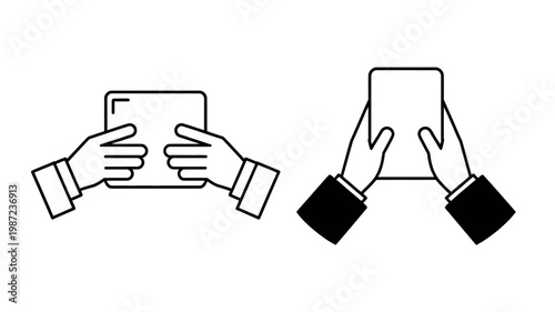 A simple black and white illustration depicts two pairs of hands holding a rectangular device possibly a tablet or smartphone high quality professional detailed modern elegant