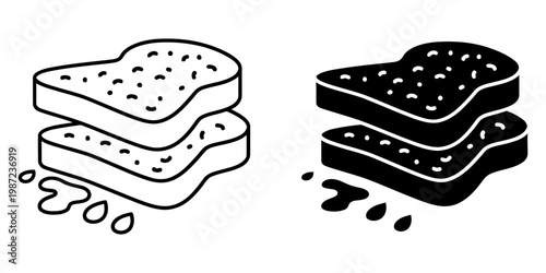 A stack of two slices of toast with dripping butter or syrup in a clean black and white modern graphic style ideal for breakfast and culinary-themed designs.