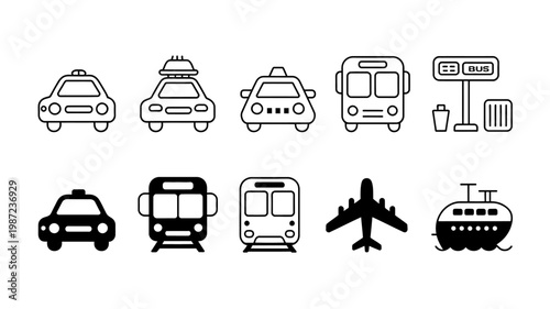 A collection of simple black and white line icons depicting various modes of transportation including cars buses trains planes and boats high quality professional detailed modern