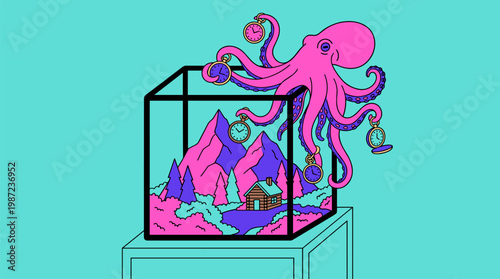 Giant Octopus with Pocket Watches Holding an Alpine Terrarium Pop Surrealism Flat Illustration with Bold Outlines