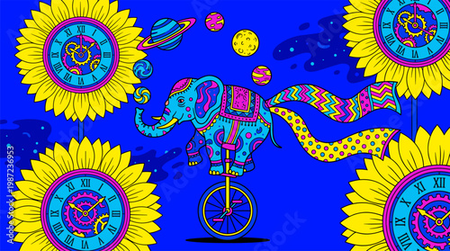 Cosmic Elephant Juggling Planets on Unicycle Pop Surrealism Flat Illustration with Bold Outlines