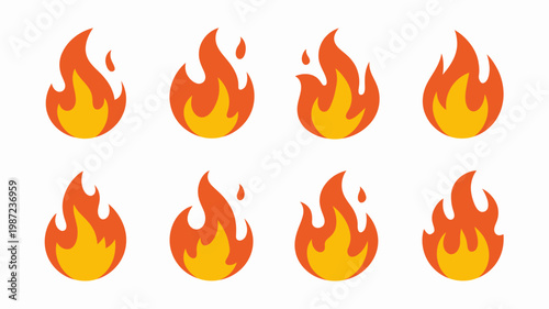 A collection of eight stylized fire icons is displayed against a white background varying in shape and intensity high quality professional detailed modern elegant stylish clean