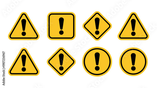 A collection of yellow warning signs featuring black exclamation points displayed in various triangular and circular shapes high quality professional detailed modern elegant stylish clean crisp