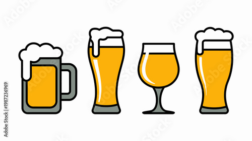 An illustrated lineup of four different beer glasses showcasing varying shapes and styles filled with a golden colored beverage high quality professional detailed modern elegant stylish