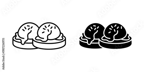 Eggs benedict breakfast dish icons featuring poached eggs on english muffins with hollandaise sauce in line and solid versions for brunch menus morning cafe flyers and culinary design projects.