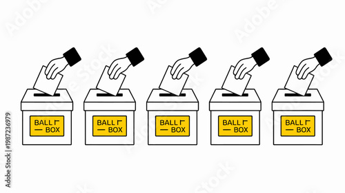 A stylized illustration depicts five hands dropping white ballots into yellow ballot boxes representing civic participation and voting rights high quality professional detailed modern elegant stylish