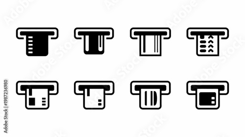 A collection of black and white atm icons depicts various card readers and cash dispensing slots in a minimalist style high quality professional detailed modern elegant
