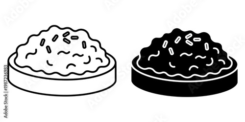 Cooked rice icon set featuring linear and glyph styles of bowl filled with fluffy white grains of basmati or jasmine variety for asian cuisine symbol graphic design projects and restaurant menu decor.