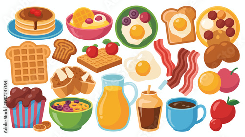 A colorful illustration displays a delightful assortment of breakfast foods including pancakes eggs fruits waffles and sweet treats high quality professional detailed modern elegant stylish clean