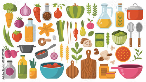A colorful flat lay illustration depicts a variety of fresh vegetables fruits cooking ingredients and kitchen utensils arranged on a white background high quality professional detailed