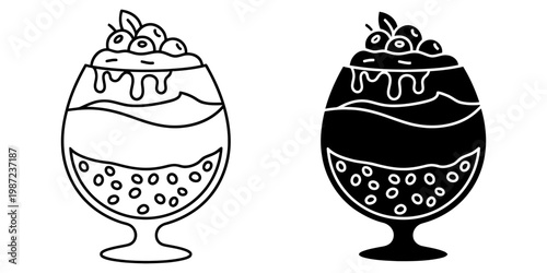 Glass of berry yogurt parfait vector illustration set including line and glyph icons of layered dessert with blueberries and cream for sweet treat menu design and healthy breakfast concepts on w.
