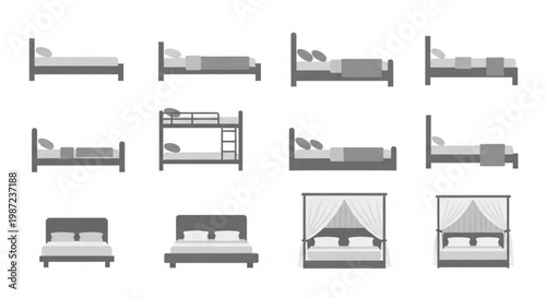 A comprehensive set of bed vector icons for bedroom interior design. The collection features various types of beds, including single, double, king-size, bunk beds, and canopy beds, shown from side.