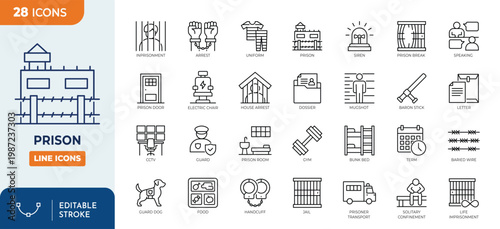 Prison icon set. Outline icons collection. Editable stroke. Vector illustration