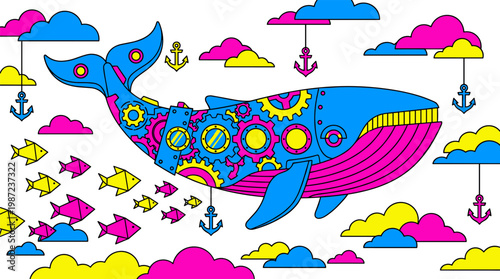 Giant Mechanical Whale With Clockwork Gears In Geometric Cloud Sea Pop Surrealism Flat Illustration With Bold Outlines