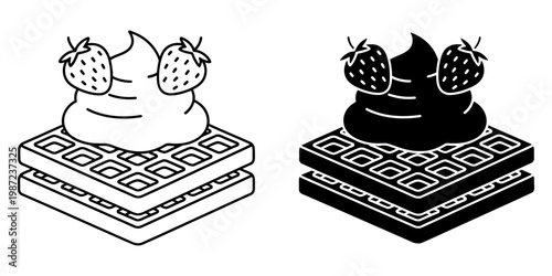 Isometric waffle stack with whipped cream swirl and fresh strawberry fruit icons set for bakery menu dessert shop branding breakfast catering services and sweet pastry culinary design concepts.