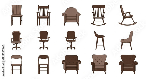 This versatile vector collection features a wide variety of chair styles, including office chairs, armchairs, rocking chairs, and dining stools. Rendered in a clean flat design with warm brown tones.