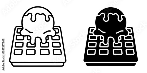 Waffle with ice cream scoop and syrup icon set linear and silhouette styles for dessert menu or cafe branding isolated on white background sweet breakfast food vector illustration collection set.