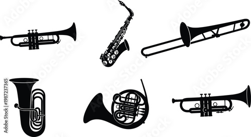 brass and woodwind instruments silhouette vector set featuring trumpet saxophone trombone tuba french horn and jazz band icons isolated on white background