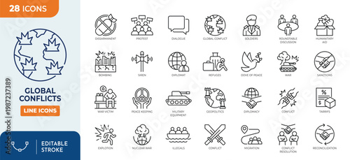 global conflicts icon set. Outline icons collection. Editable stroke. Vector illustration