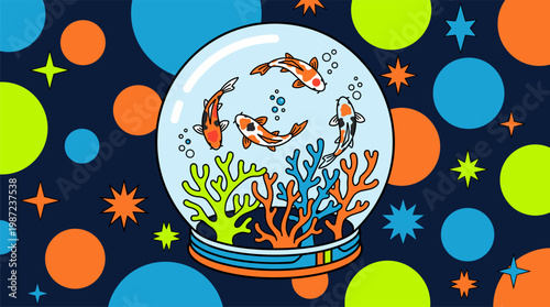 Astronaut Helmet Fishbowl with Koi Fish Pop Surrealism Flat Illustration with Bold Outlines and Saturated Colors