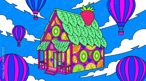 Victorian House Made Of Citrus Fruit And Berries Pop Surrealism Flat Illustration With Bold Outlines