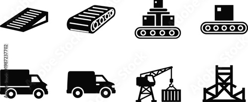 logistics and industrial equipment silhouette vector set featuring conveyor belt cargo boxes delivery truck crane and warehouse structure icons isolated on white background