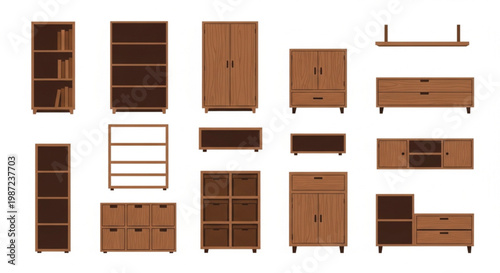 A comprehensive collection of modern wooden furniture icons. This set includes various storage solutions like bookshelves, cabinets, wardrobes, and dressers. Perfect for interior design projects.