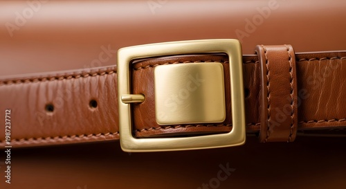 Elegant brass buckle on a brown leather belt with a classic rectangular design.