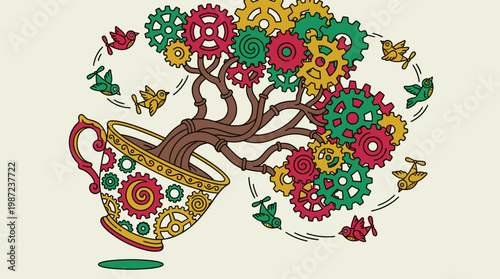 Mechanical Tree with Gear Leaves in Floating Teacup Pop Surrealism Flat Illustration with Bold Outlines