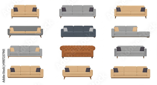 A comprehensive collection of modern sofa and couch vector icons for living room interior design. The set features various styles, including sectional, chesterfield, and mid-century modern designs.