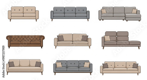 This comprehensive vector set features nine diverse sofa and couch illustrations in a minimalist flat style. The collection includes various designs such as classic chesterfields, modern sectionals.