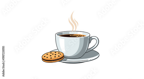 White ceramic cup of steaming hot coffee or tea with a saucer and a delicious chocolate sandwich cookie isolated on a white background.