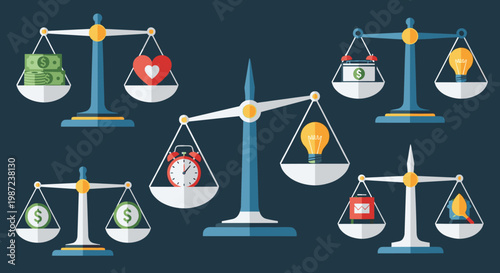 Collection of balance scales weighing different concepts such as money versus love, time, ideas, and business metrics on a dark background.