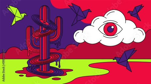 Melting Vinyl Record Cactus with Origami Birds and Cloud Eye Pop Surrealism Flat Illustration with Bold Outlines