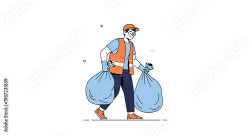 Professional sanitation worker or janitor in a safety vest and cap carrying two heavy blue garbage bags isolated on a white background.