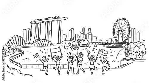 Singapore Skyline with Cheering Crowd