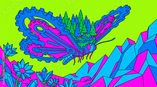 Giant Mechanical Butterfly Carrying a Forest on Its Back Pop Surrealism Flat Illustration with Bold Outlines