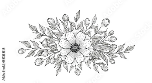 Intricate black and white line art illustration of a central flower surrounded by leaves and buds in a symmetrical floral bouquet.