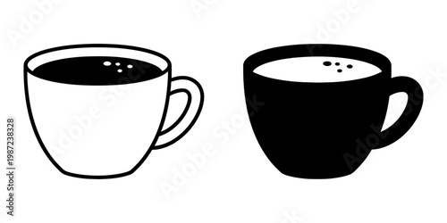 Ceramic coffee cup icons showcasing dark espresso and light cream versions in minimalist outline and solid styles for cafe branding restaurant menus and breakfast themed graphic design templates.