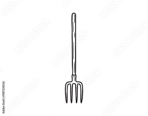 Vintage pitchfork on white background. Farmhouse themed vintage pitchfork icon with wooden handle. Classic rustic pitchfork icon featuring metal prongs and long wooden shaft on white background