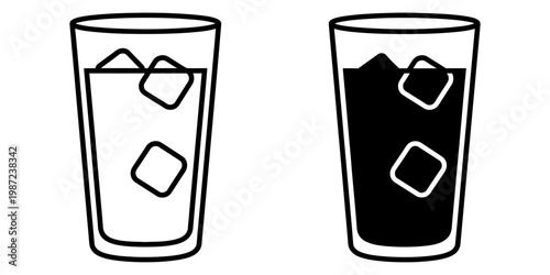 Glass of cold iced coffee or tea icons featuring line and solid versions of refreshment with ice cubes and full liquid volume perfect for beverage menu design or summer drink marketing illustration.