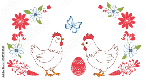 Festive easter illustration featuring two white chickens, decorated red egg, colorful flowers, carrots, and blue butterfly in a symmetric frame.