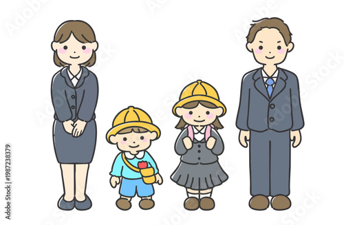 共働き家庭のイラスト|スーツを着た男女と子供たちのイラスト