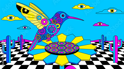 Mechanical Hummingbird Sucking Geometric Sunflower Nectar Pop Surrealism Flat Illustration With Bold Outlines