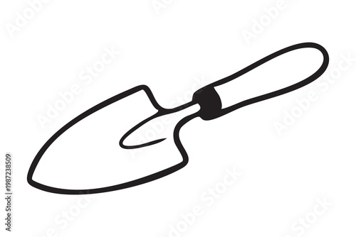 Metal trowel on white background simple black outline illustration of handheld garden tool for planting and digging used by urban gardener transplanting seedlings in balcony planter, crisp lines,