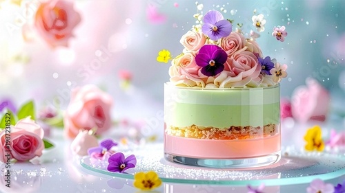 母の日　パステルカラーのエディブルフラワーのパフェ